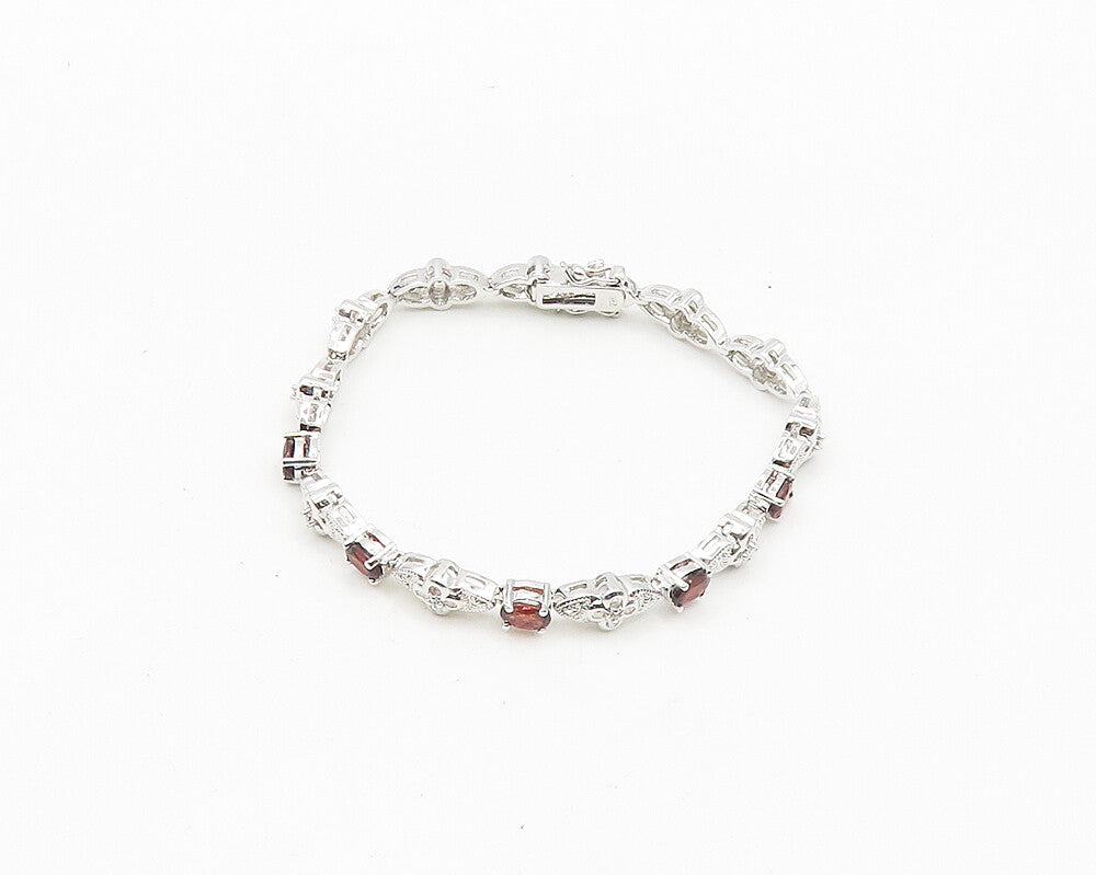 925 Sterling Silver  Genuine Diamond & Garnet Floral Chain Bracelet  BT7270