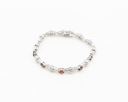 925 Sterling Silver  Genuine Diamond & Garnet Floral Chain Bracelet  BT7270