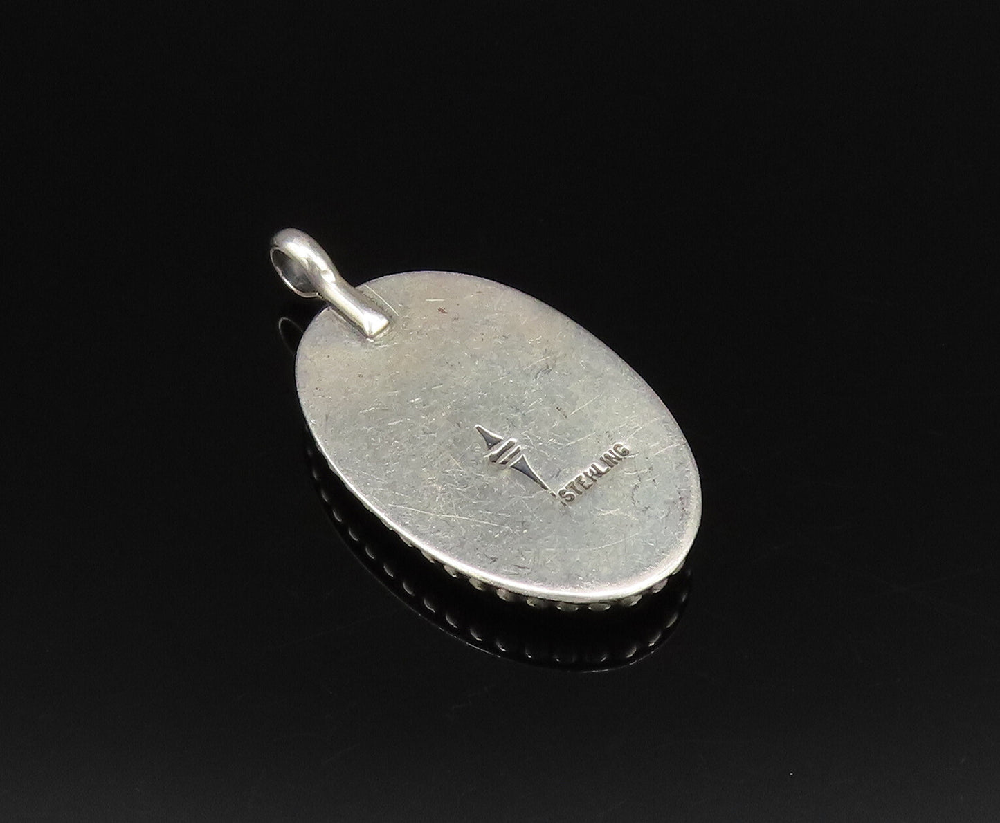 NAVAJO 925 Silver  Vintage Beaded Edge Floral Enamel Art Drop Pendant  PT21527