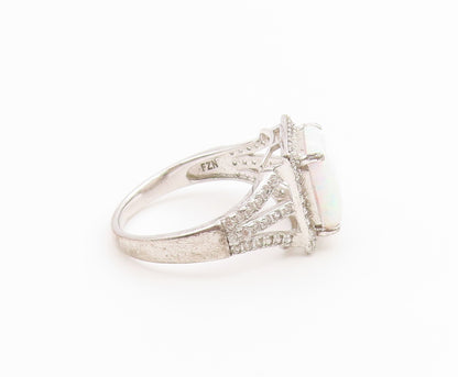 925 Sterling Silver Vintage Ring Fire Opal & CZ Statement Band  Sz 8  RG36698
