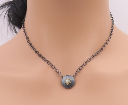 14k Gold 925 Sterling Silver Vintage Necklace Dark Tone Enameled CZ Star  NE4438