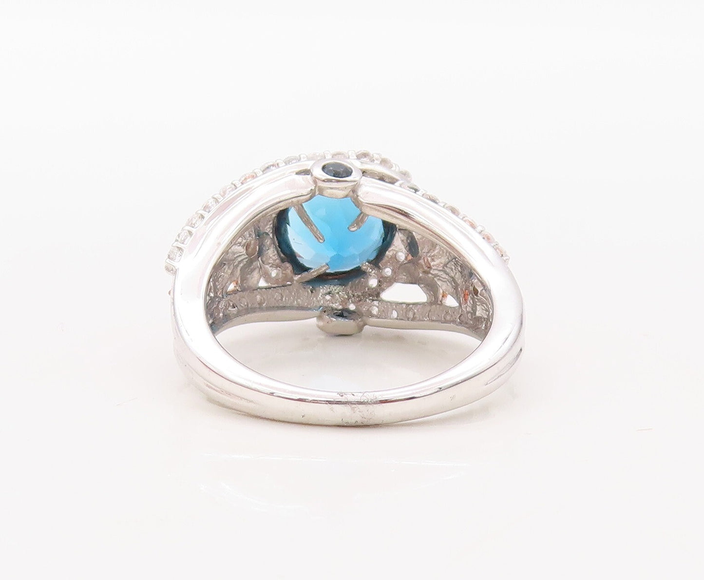 925 Sterling Silver Vintage Ring Floral Carved Sapphire & CZ Inlay Sz 7  RG30841