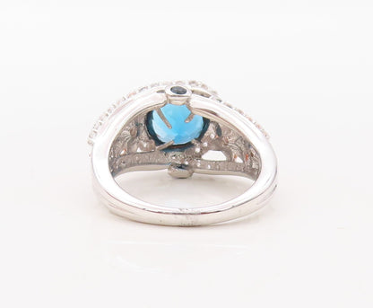 925 Sterling Silver Vintage Ring Floral Carved Sapphire & CZ Inlay Sz 7  RG30841