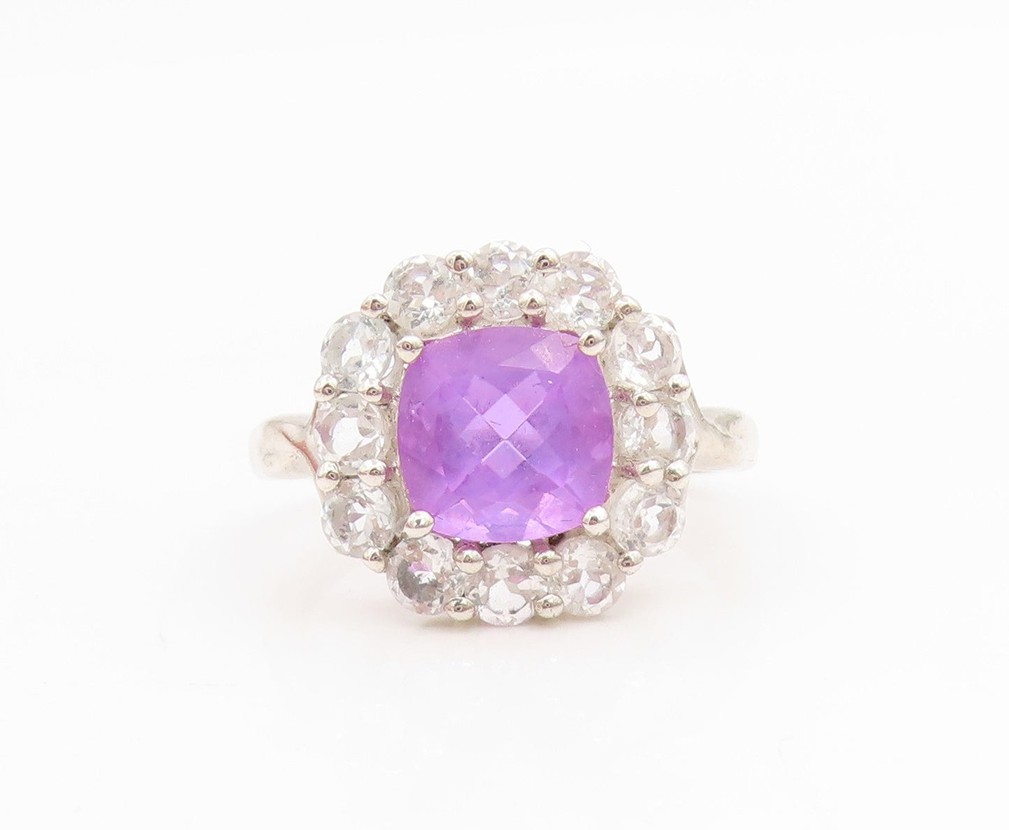 925 Sterling Silver Vintage Ring Amethyst & Topaz Floral Cluster  Sz 8  RG35034