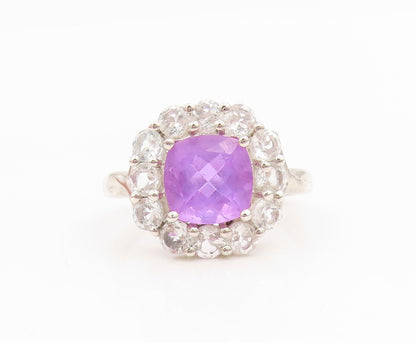 925 Sterling Silver Vintage Ring Amethyst & Topaz Floral Cluster  Sz 8  RG35034