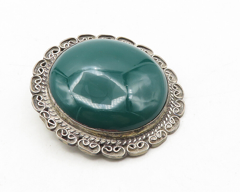 MEXICO 925 Sterling Silver  Vintage Cabochon Cut Green Onyx Brooch Pin  BP3740