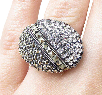 925 Sterling Silver  Crystals & Marcasite Cluster Oval Band Ring Sz 6  RG1564