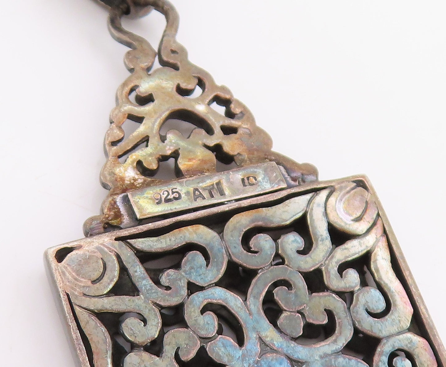 925 Sterling Silver Vintage Pendant Dark Tone Geometric Scrollwork Frame PT25188
