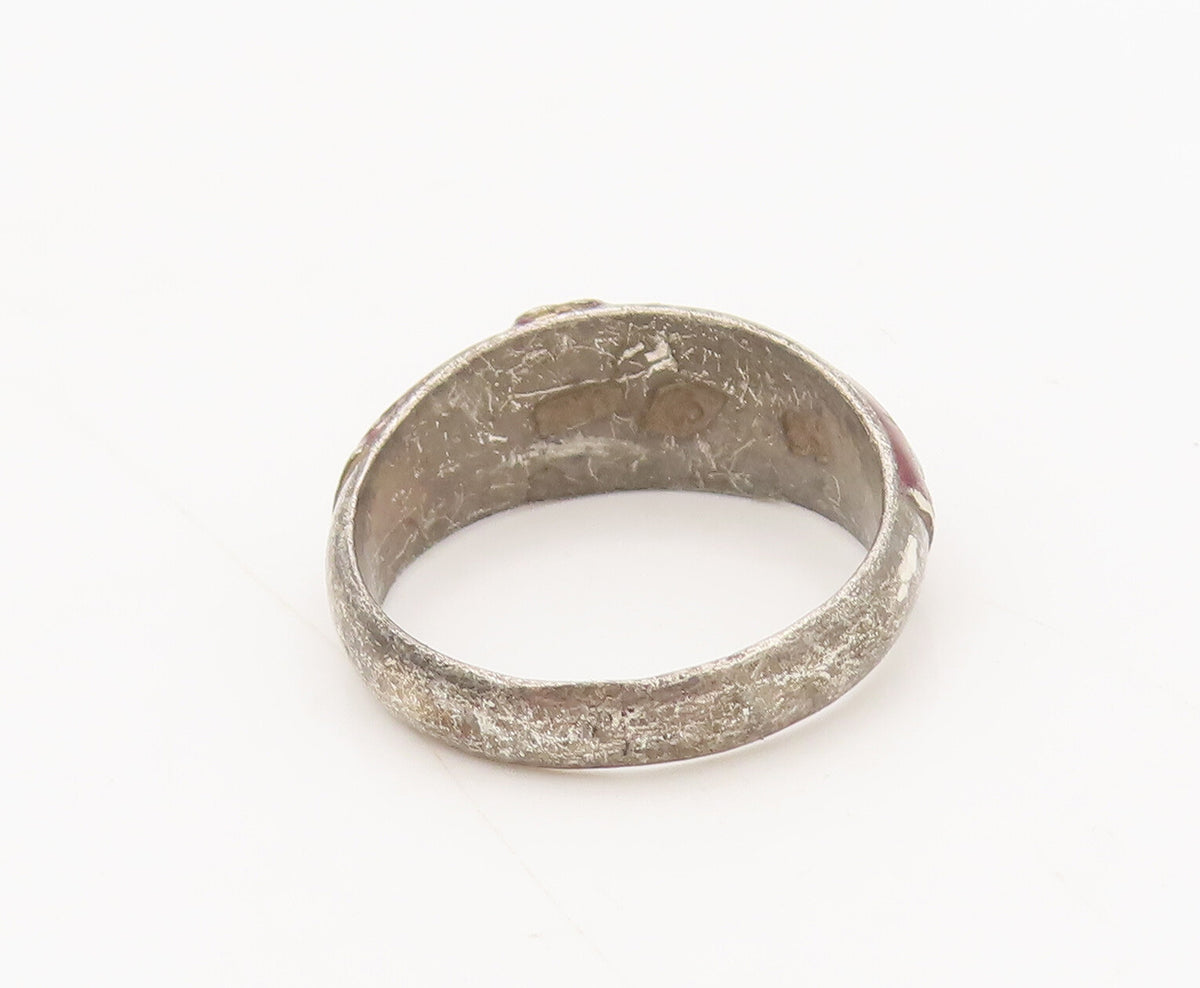 CHINESE 925 Silver  Vintage Antique Painted Flower Solid Ring Sz 6.5  RG27274