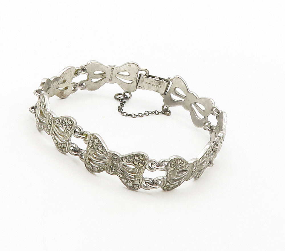 925 Sterling Silver  Vintage Sparkling Bow Tied Ribbons Chain Bracelet  BT6514