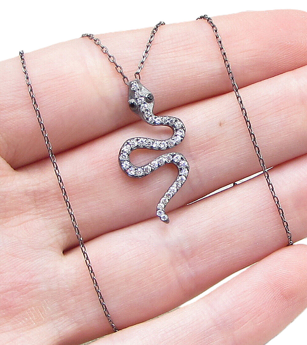 925 Silver  Sapphire & Cubic Zirconia Dark Tone Snake Chain Necklace  PT1351