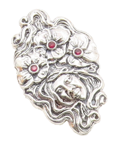 925 Sterling Silver  Vintage Garnet Floral Woman Shiny Brooch Pin  BP7953