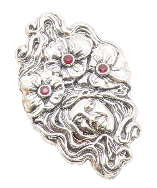925 Sterling Silver  Vintage Garnet Floral Woman Shiny Brooch Pin  BP7953