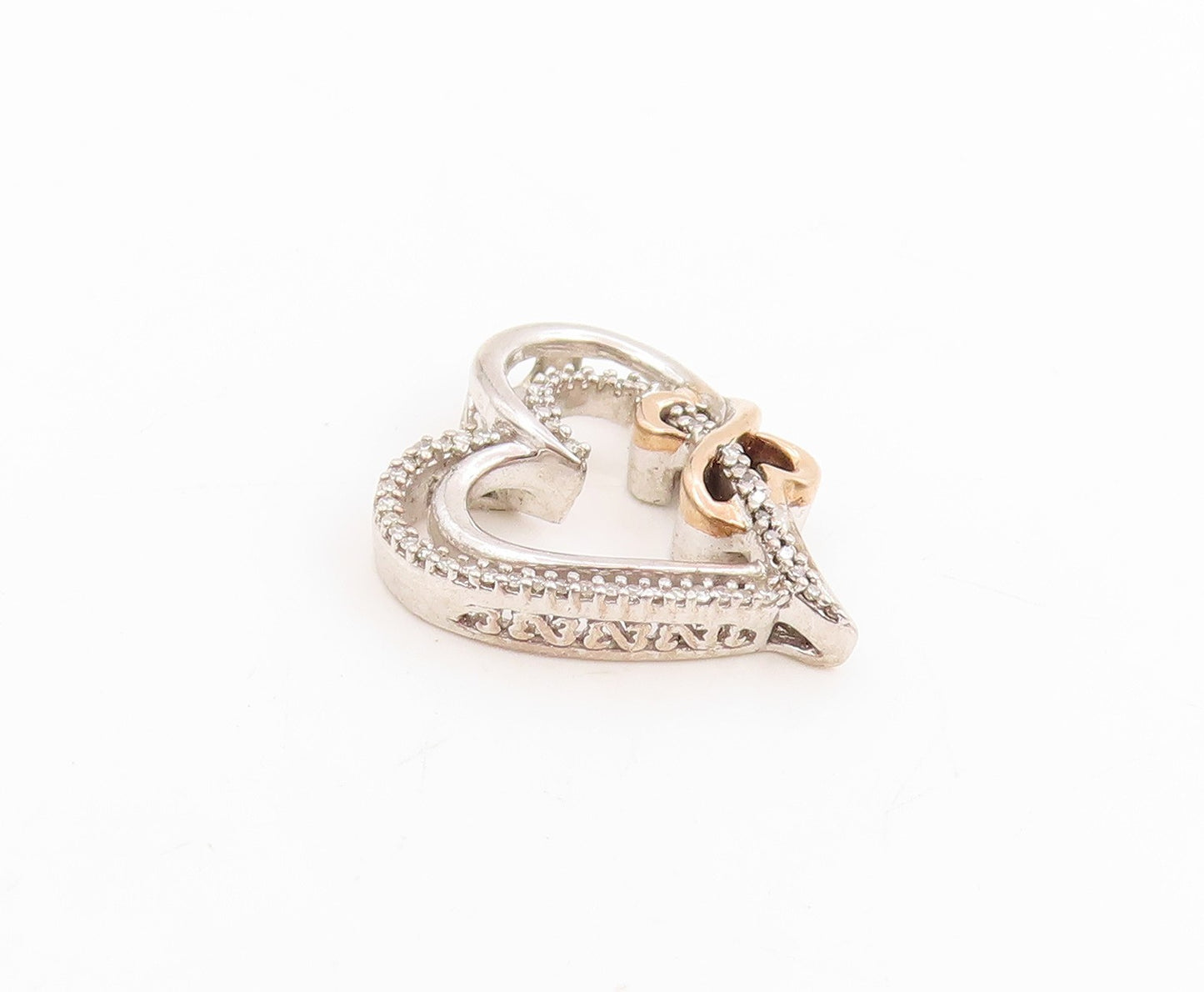 14k Gold & 925 Sterling Silver Vintage Pendant Real Diamonds Love Heart  PT25351