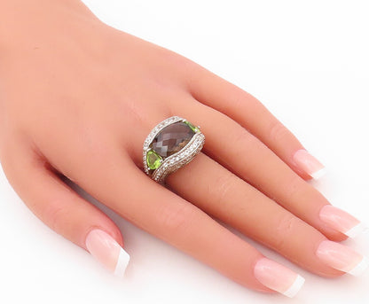 925 Sterling Silver Vintage Ring Designer Smoky Quartz CZ & Peridot Sz 7 RG30801