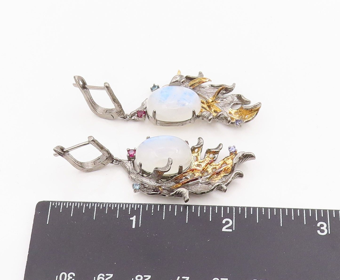 925 Sterling Silver Vintage Earrings Cabochon Moonstone Leaf Design  EG13845