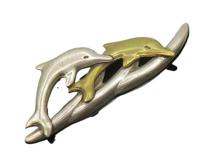 MEXICO 925 Silver  Vintage Shiny Two Tone Leaping Dolphins Brooch Pin  BP7406