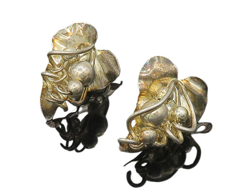 LADDA BIHLER 925 Silver  Vintage Shiny Floral Leaf Motif Drop Earrings  EG9146