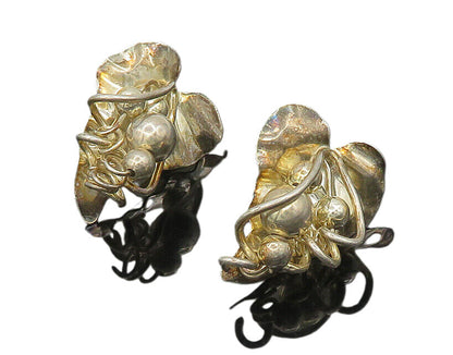 LADDA BIHLER 925 Silver  Vintage Shiny Floral Leaf Motif Drop Earrings  EG9146
