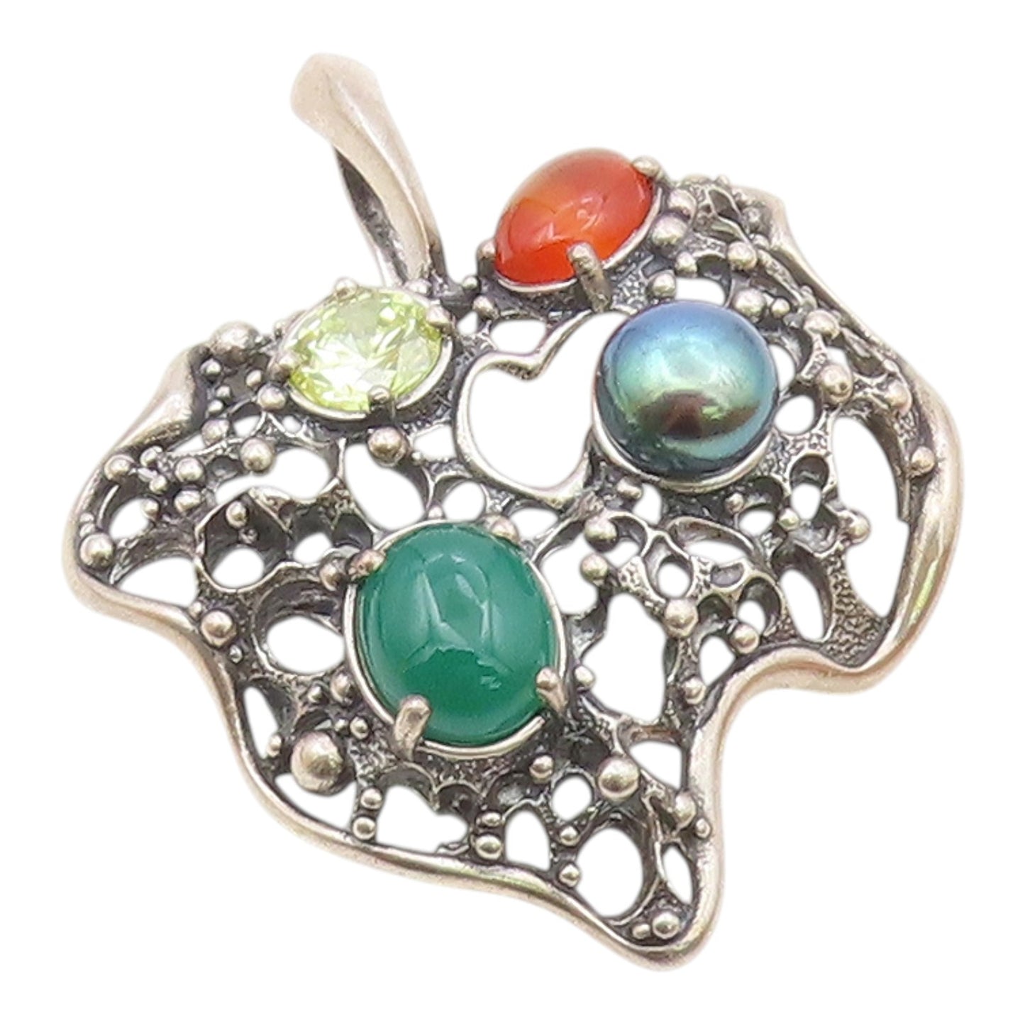 925 Sterling Silver  Vintage Pearl Carnelian Agate & Peridot Pendant  PT7828
