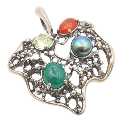 925 Sterling Silver  Vintage Pearl Carnelian Agate & Peridot Pendant  PT7828