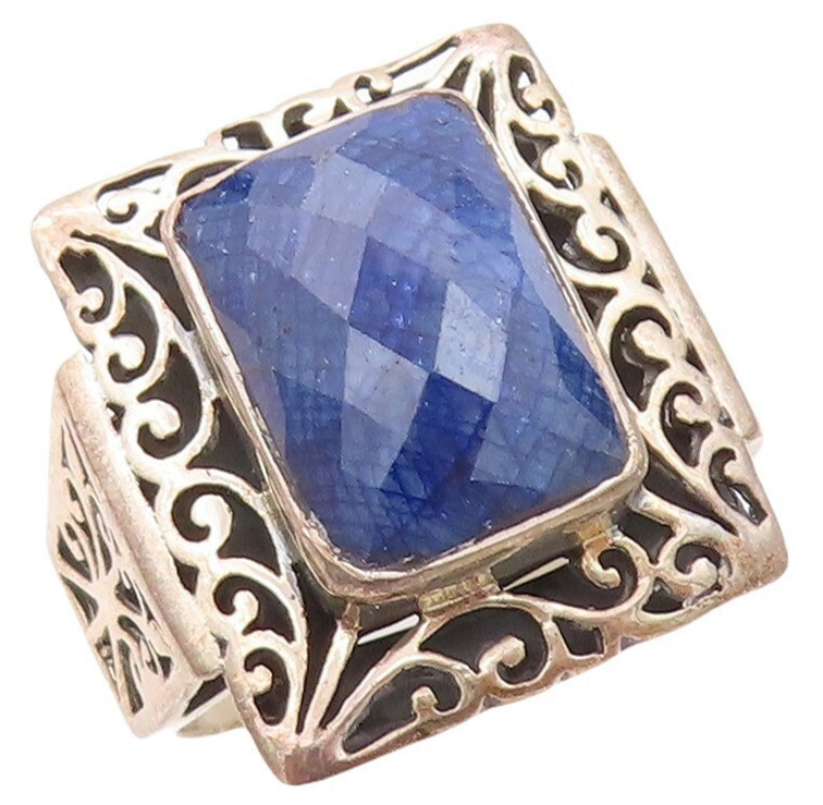 925 Sterling Silver Vintage Ring Rectangle Swirly Real Gemstone Sz 10.5 RG30562
