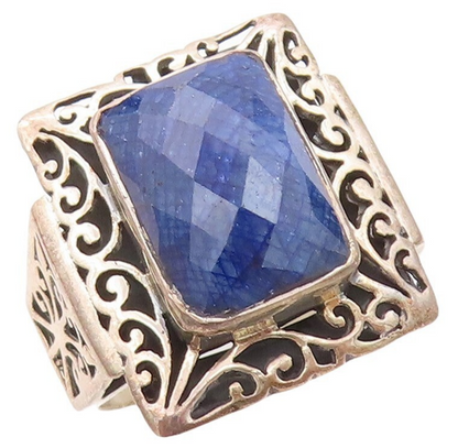 925 Sterling Silver Vintage Ring Rectangle Swirly Real Gemstone Sz 10.5 RG30562