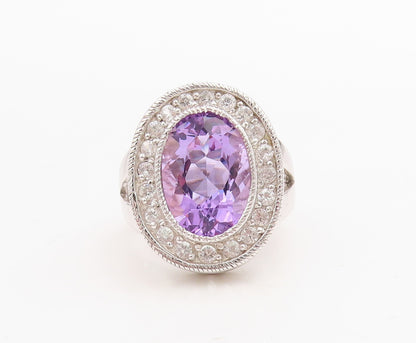 925 Sterling Silver Vintage Ring Oval Amethyst Halo CZ Frame  Sz 7  RG30975