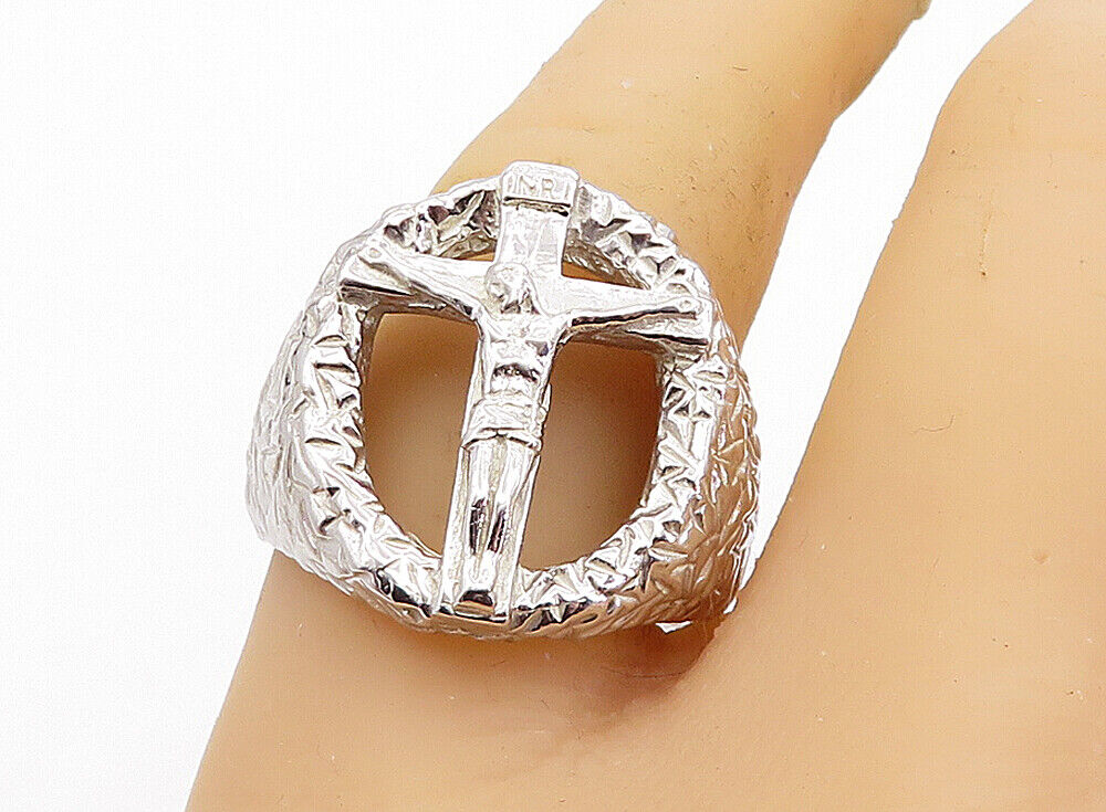 925 Sterling Silver  Vintage Crucifix Religious Cocktail Ring Sz 9  RG5549