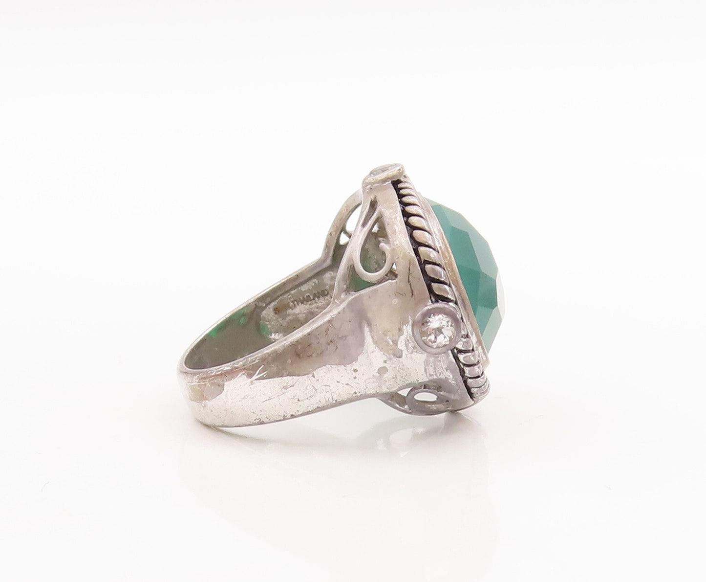 925 Sterling Silver Vintage Ring Roped Border Green Onyx & Topaz  Sz 7  RG29395