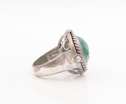 925 Sterling Silver Vintage Ring Roped Border Green Onyx & Topaz  Sz 7  RG29395