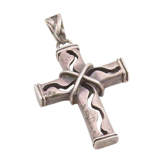 925 Sterling Silver Vintage Pendant Wavy Wire Wrapped Religious Cross  PT25884