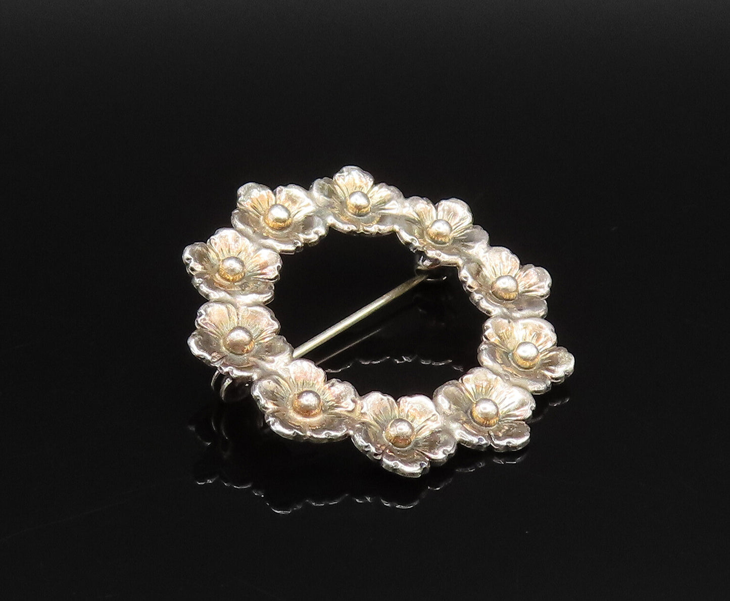 FROM DENMARK 925 Sterling Silver Vintage Fancy Flower Wreath Brooch Pin BP9805