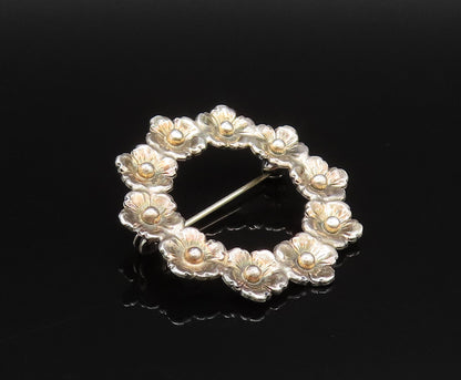 FROM DENMARK 925 Sterling Silver Vintage Fancy Flower Wreath Brooch Pin BP9805