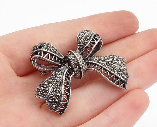925 Sterling Silver  Vintage Marcasite Bow Tied Ribbon Brooch Pin  BP1151