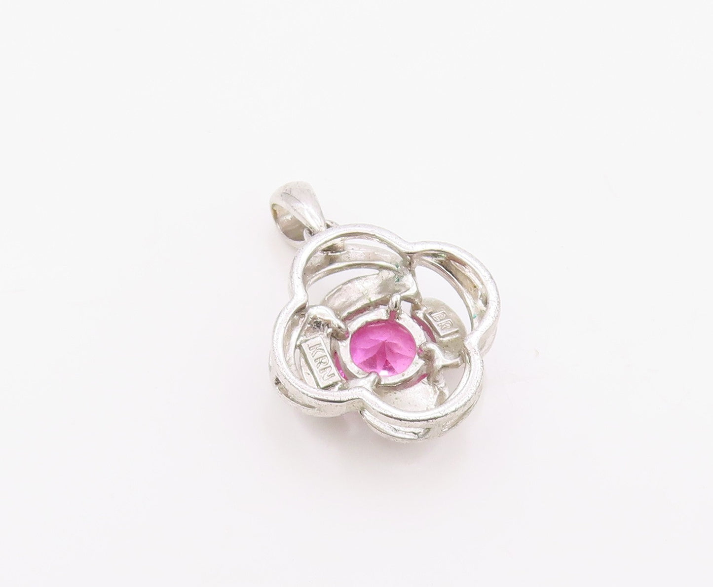925 Sterling Silver Vintage Pendant Modernist Pink Topaz Floral Charm  PT26328