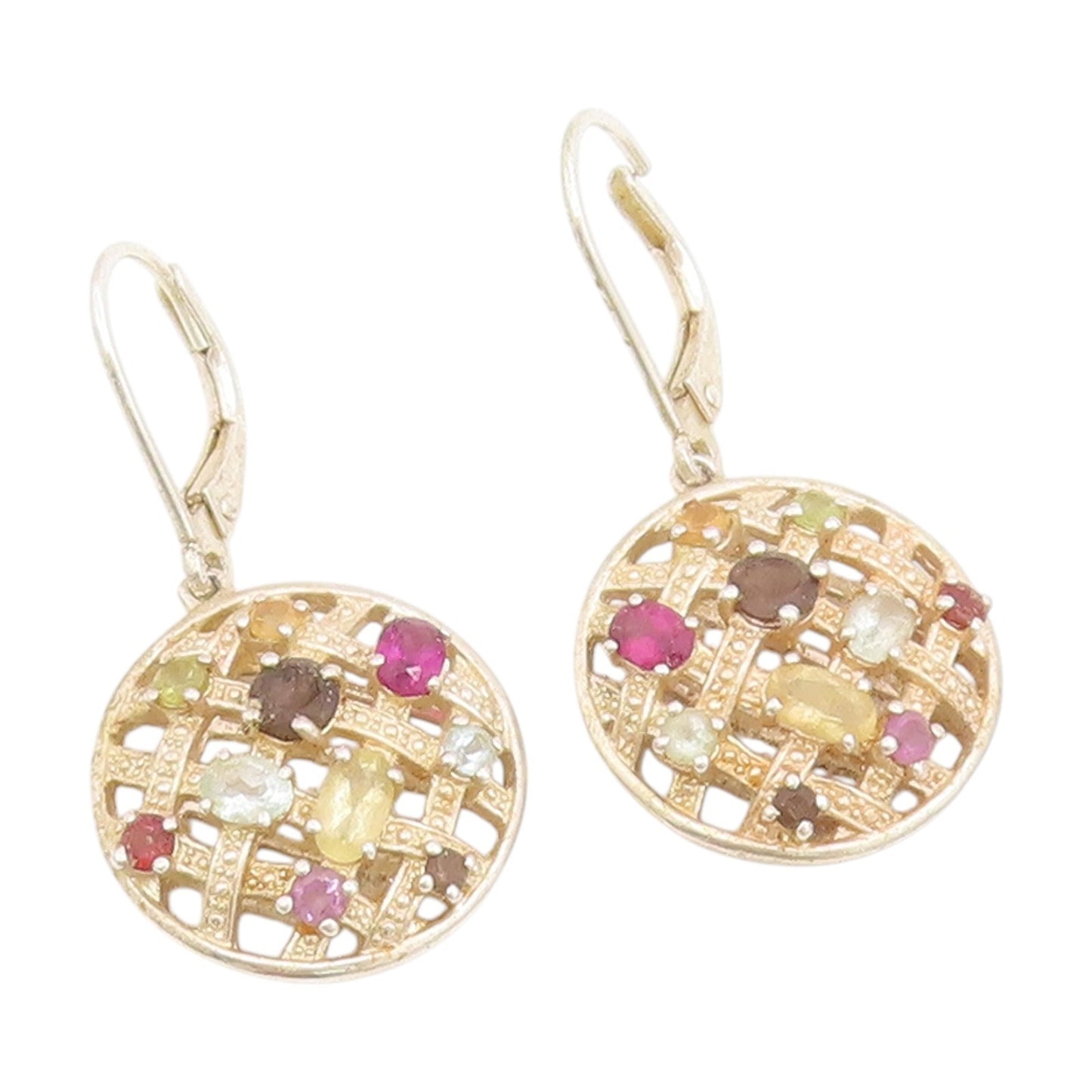 925 Sterling Silver Vintage Earrings Multi Gemstone Waffle Pattern Drop  EG13918