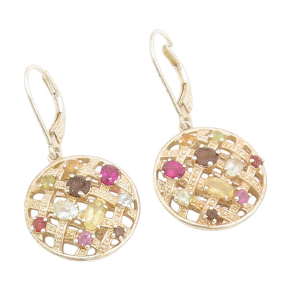 925 Sterling Silver Vintage Earrings Multi Gemstone Waffle Pattern Drop  EG13918