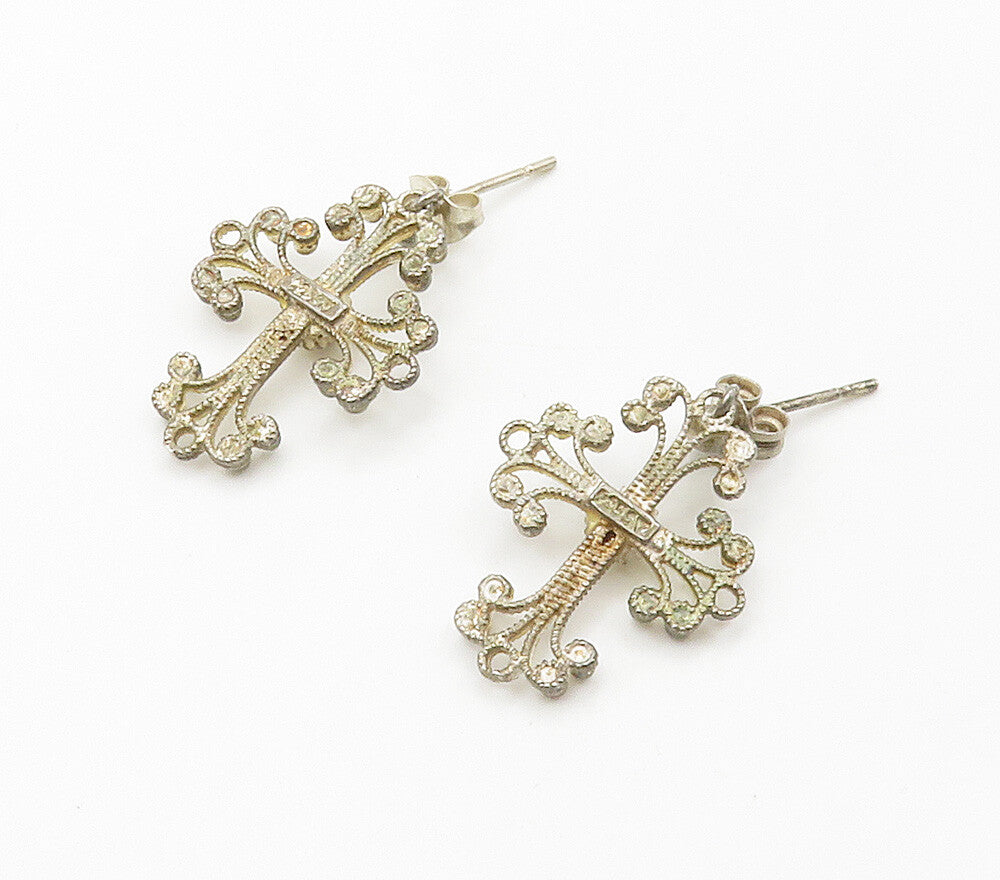 925 Sterling Silver  Vintage Swirl Religious Cross Drop Earrings  EG7874