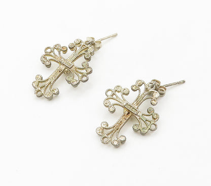 925 Sterling Silver  Vintage Swirl Religious Cross Drop Earrings  EG7874