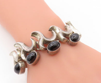 MEXICO 925 Sterling Silver Vintage Black Onyx Swirl Chain Bracelet  BT2816