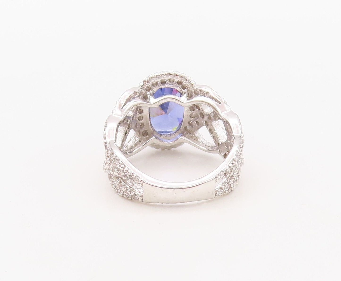 925 Sterling Silver Vintage Ring Designer Cutout Sapphire & CZ  Sz 7.5  RG30577