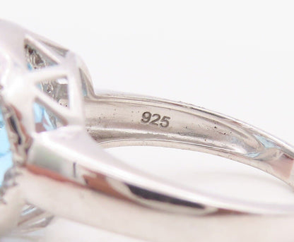 925 Sterling Silver Vintage Ring Round Cut Blue Halo White Topaz  Sz 7  RG30031