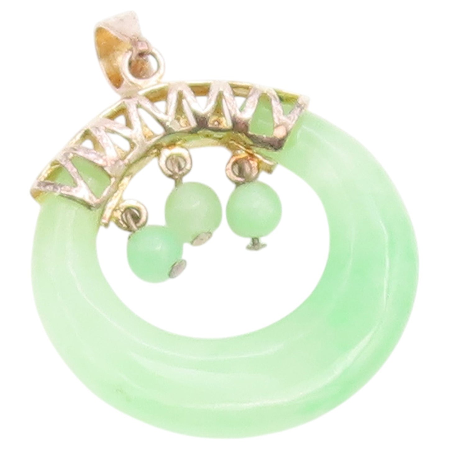 925 Sterling Silver Vintage Pendant Modernist Green Jade Disc With Beads PT26522