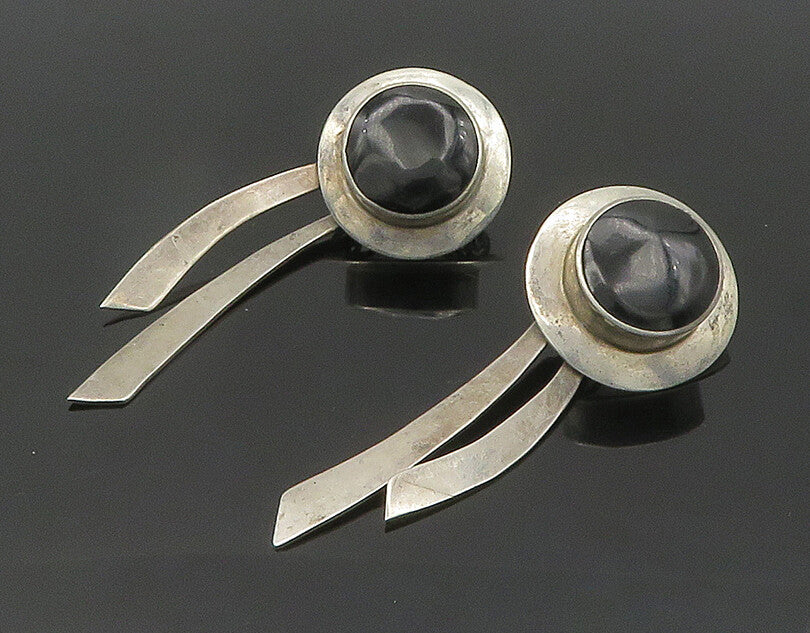 MEXICO 925 Sterling Silver  Vintage Black Onyx Modernist Drop Earrings  EG9520
