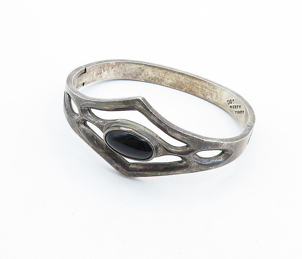 MEXICO 925 Silver  Vintage Black Onyx Dark Tone Open Bangle Bracelet  BT2519