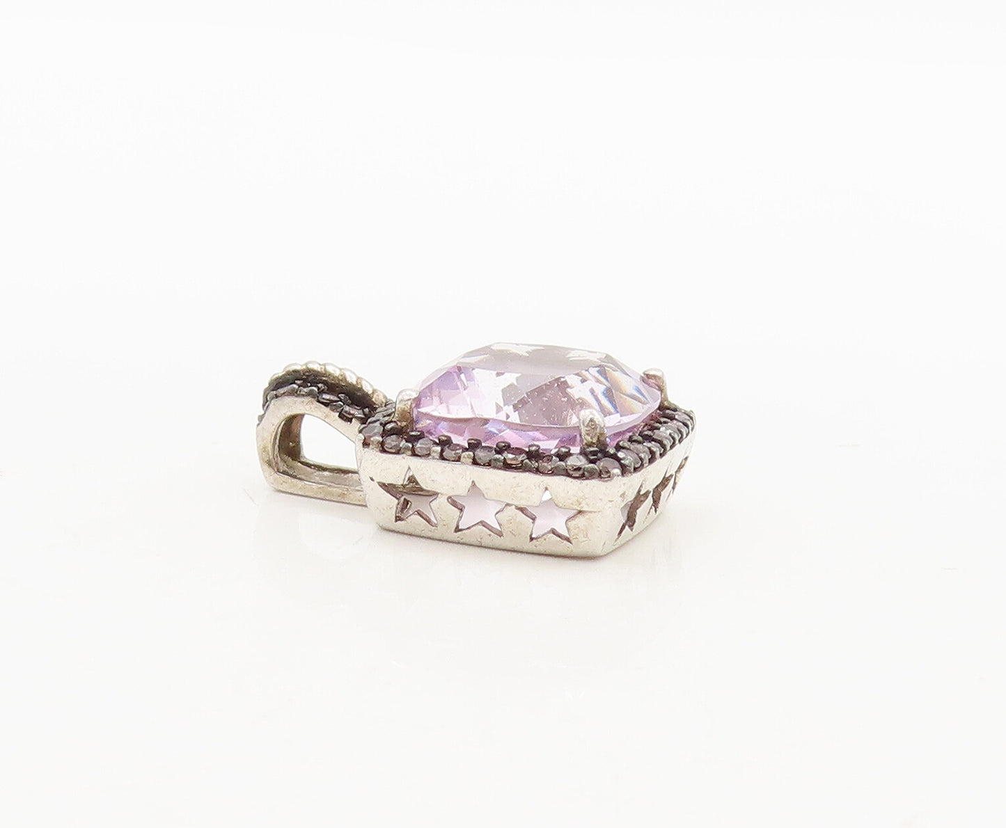 925 Sterling Silver Vintage Pendant Diamonds & Square Cut Purple Topaz  PT23136