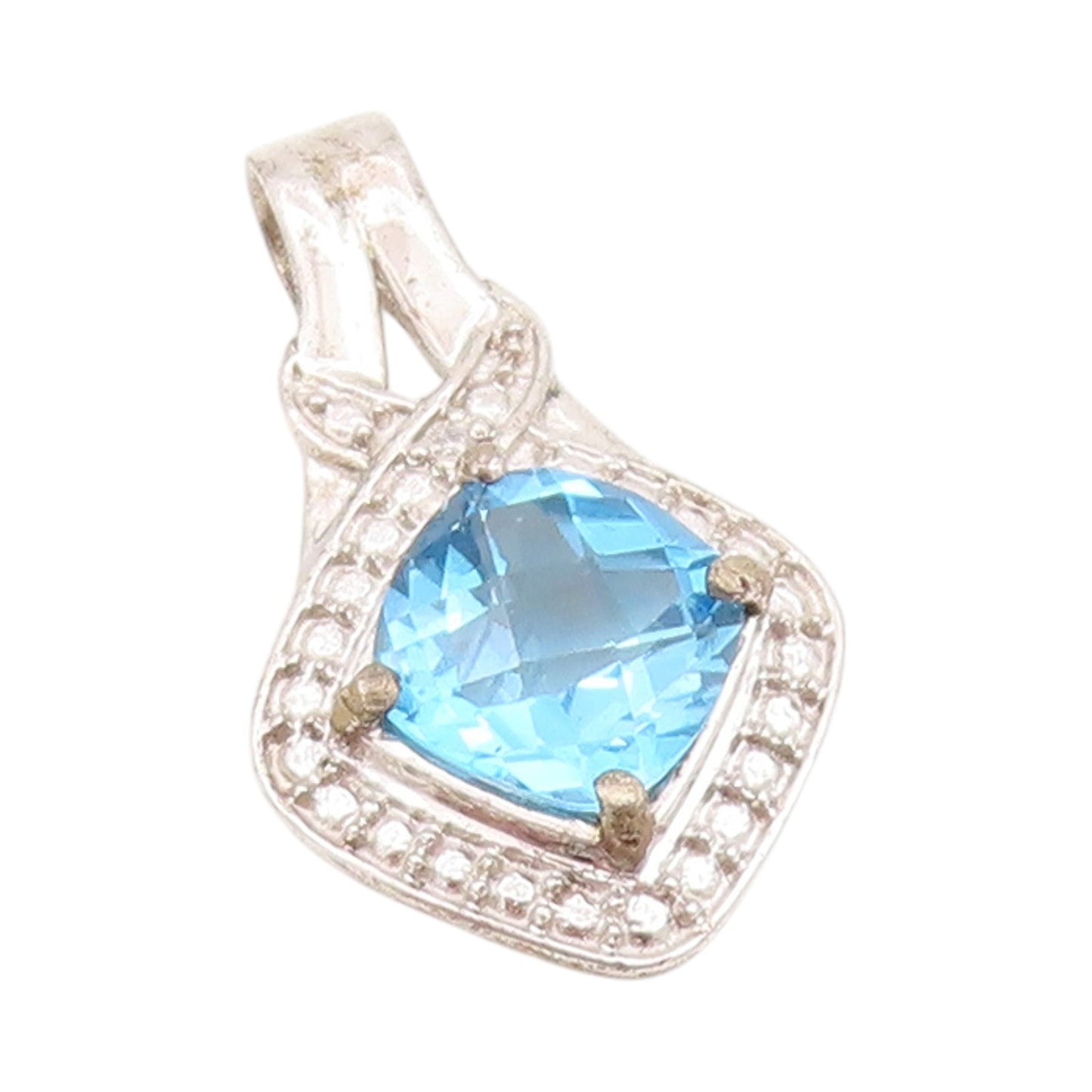 925 Sterling Silver Vintage Pendant Square Cut Blue Halo White Topaz   PT24265