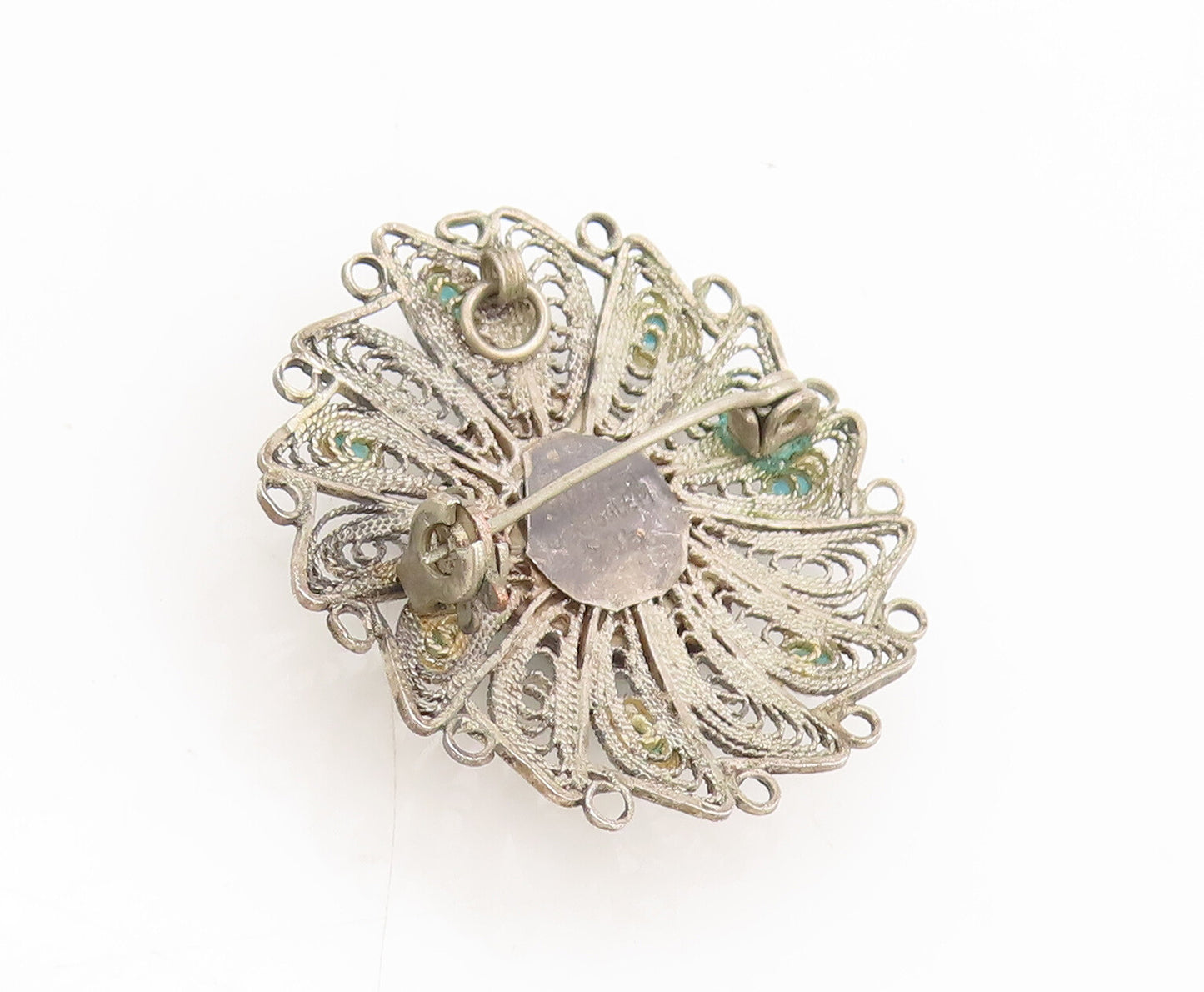ISRAEL 925 Silver  Vintage Antique Filigree Turquoise Brooch Pin  BP10308