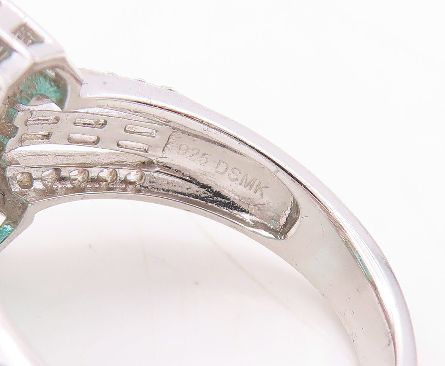 925 Sterling Silver Vintage Ring Rectangle Sea Green Halo White CZ  Sz 7 RG30852